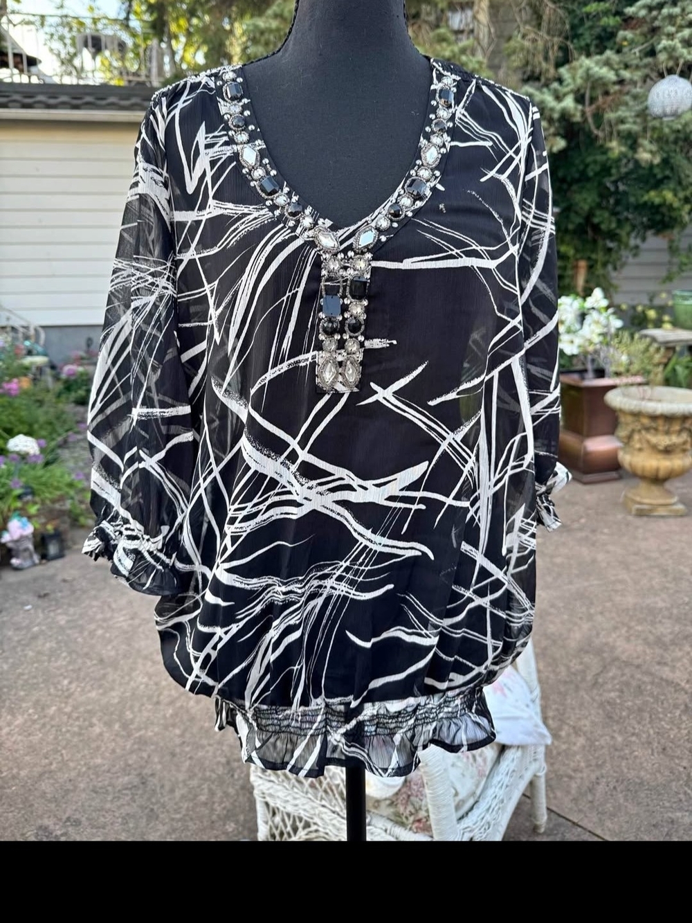 Adrienne Vittadini Black & White Jeweled V-Neck Blouse